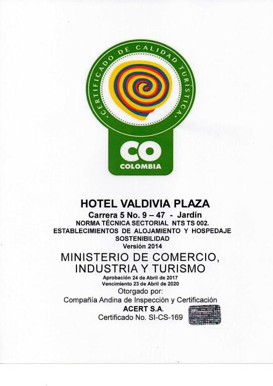 Certifikát, hodnocení, plakát nebo jiný dokument vystavený v ubytování Hotel Valdivia Plaza