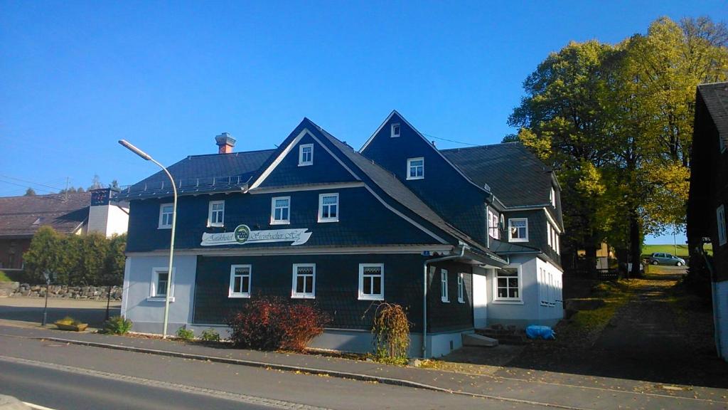 een blauw-wit huis aan de straatkant bij Antikhotel Steinbacher Hof in Steinbach am Wald
