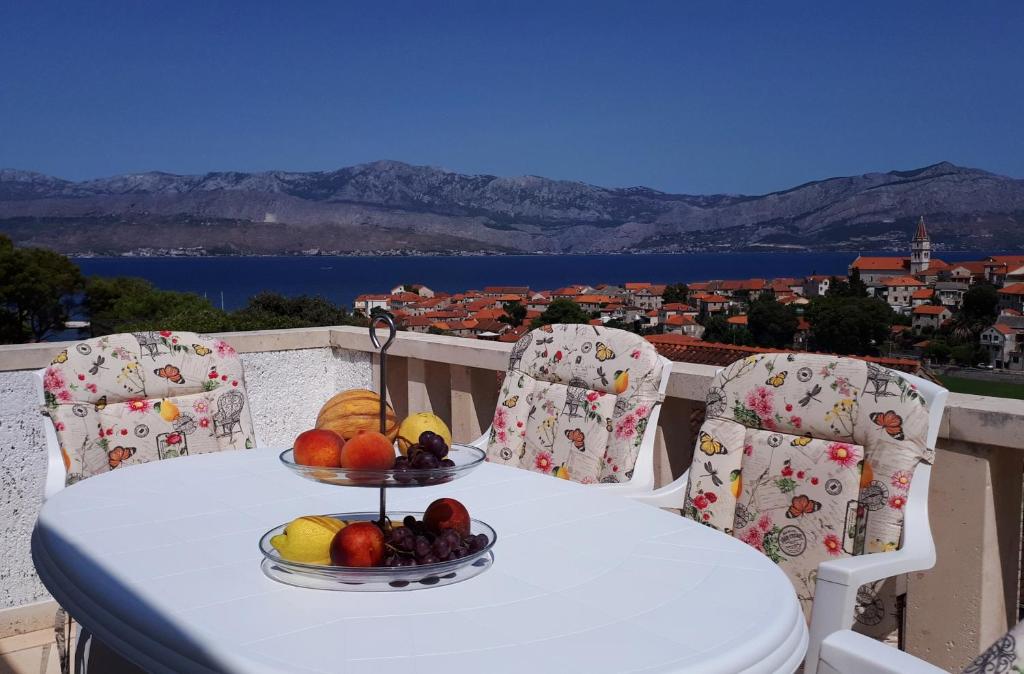 a table with a bowl of fruit on a balcony at Panorama Postira Apartments in Postira