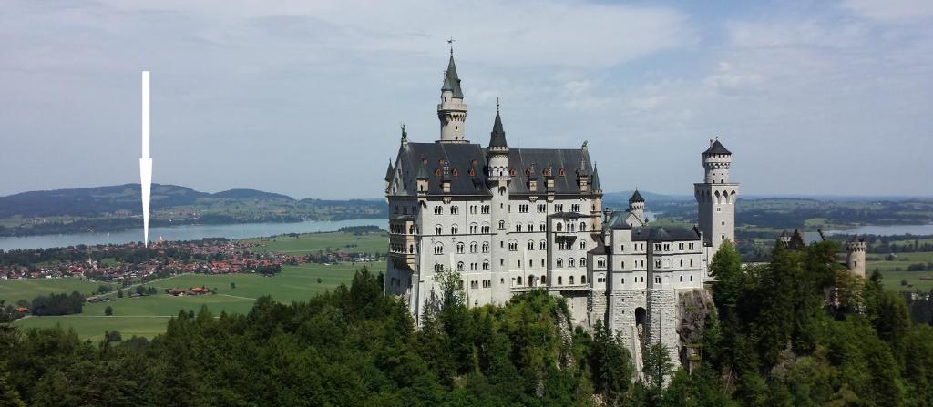 a castle on top of a hill with trees at Ferienwohnung Vormann in Schwangau