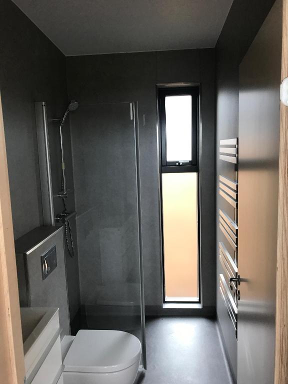 格林达维克格林达维克港景山林小屋的一间带卫生间和玻璃淋浴间的浴室