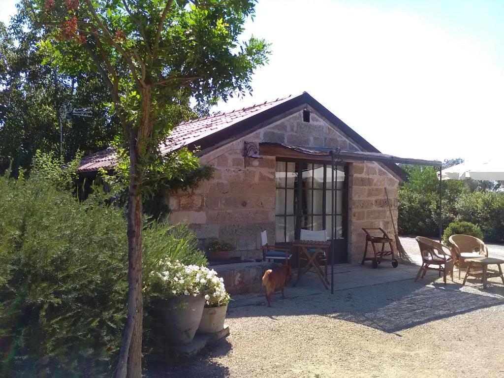 una piccola casa di mattoni con un cane che si trova di fronte di Casetta Vacanza in Campagna ad Aradeo