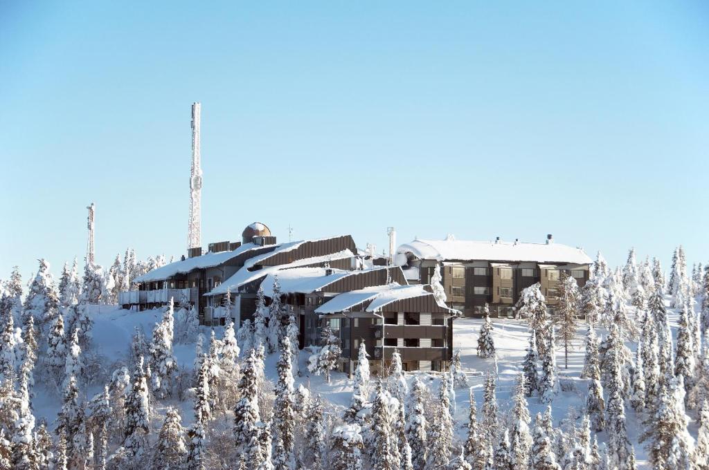un lodge dans la neige avec des arbres enneigés dans l'établissement Hotelli Pikku-Syöte, à Syöte