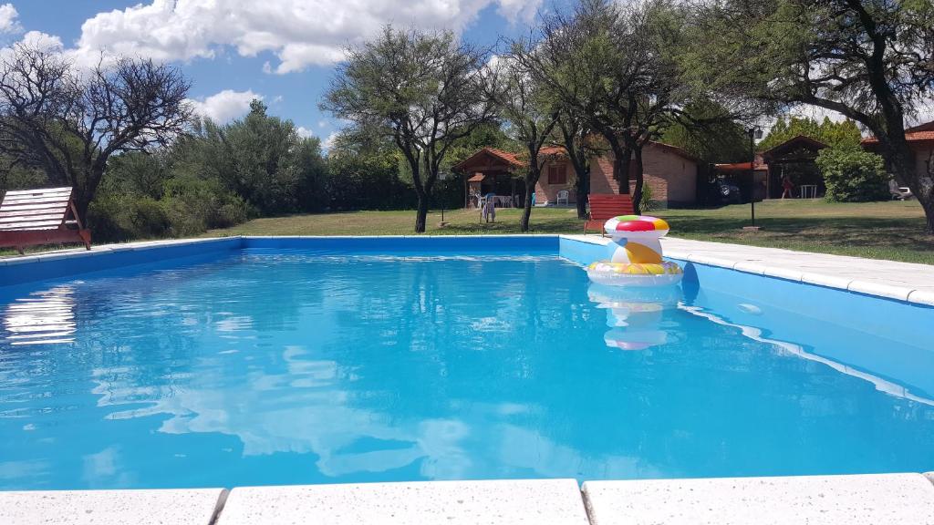 a swimming pool with a toy in the water at Cabañas Tia Elmira in Villa Cura Brochero