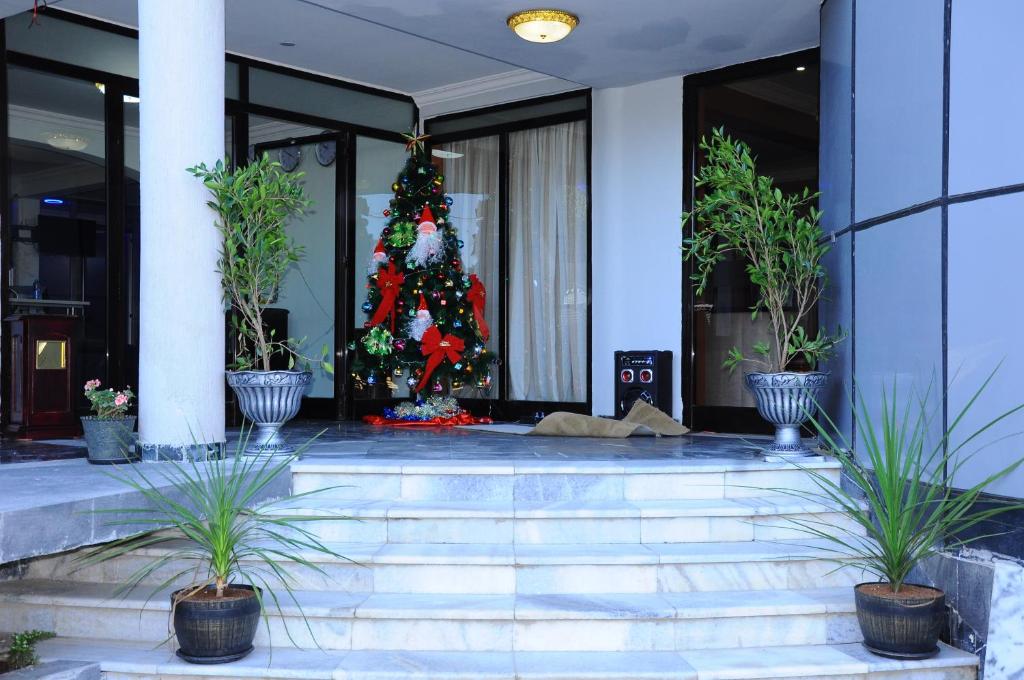 un albero di Natale davanti a un palazzo con piante in vaso di North Addis Hotel ad Addis Abeba