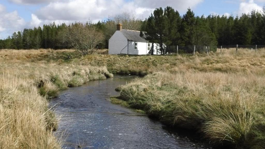 a house in the middle of a field with a stream at Keepers Cottage in Forsinain