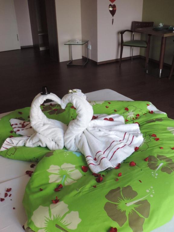 a cake with two swans made out of towels at Pension Achteridyll in Ueckeritz