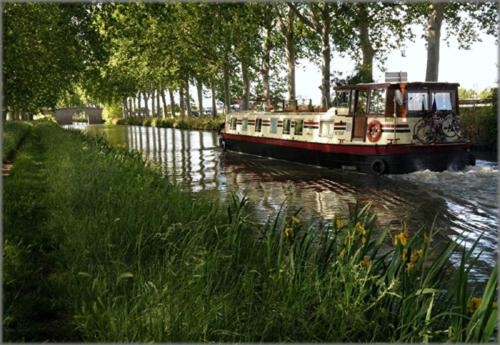 a boat traveling down a river with trees at LE PRIEURE - STUDIOS jusqu'à 4 personnes in Villeneuve-lès-Béziers