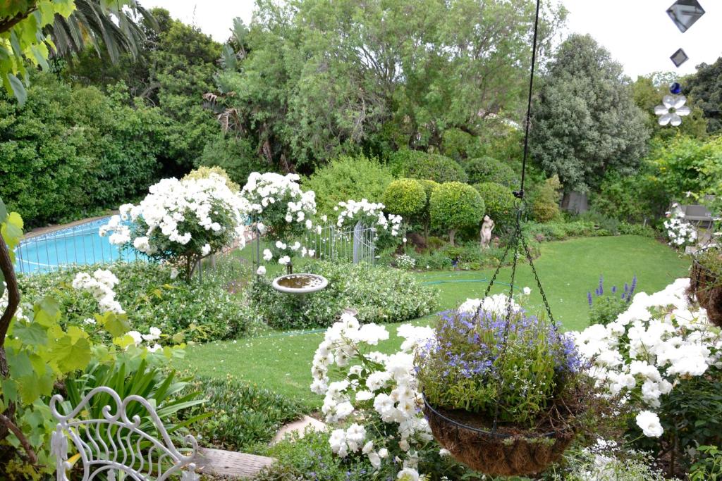 un jardin avec des fleurs blanches et une balançoire dans l'établissement Three Oaks, à Durbanville