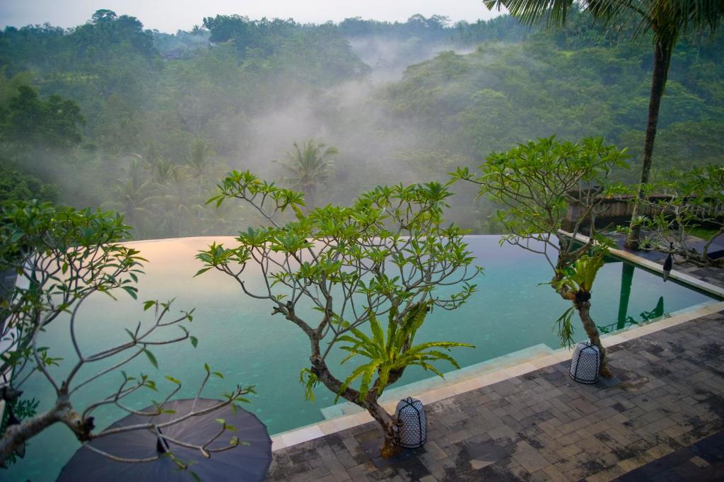 Elle offre une vue sur une piscine entourée d'arbres. dans l'établissement Bukit Naga Villa, à Gianyar