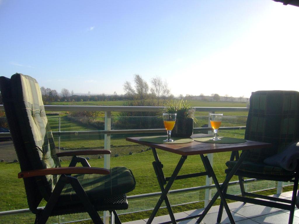 a table with two glasses of wine on a balcony at Apartmentanlage Birdieweg in Hohen Wieschendorf