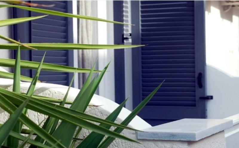a blue door and a plant in front of a window at Hotel Paros in Parikia