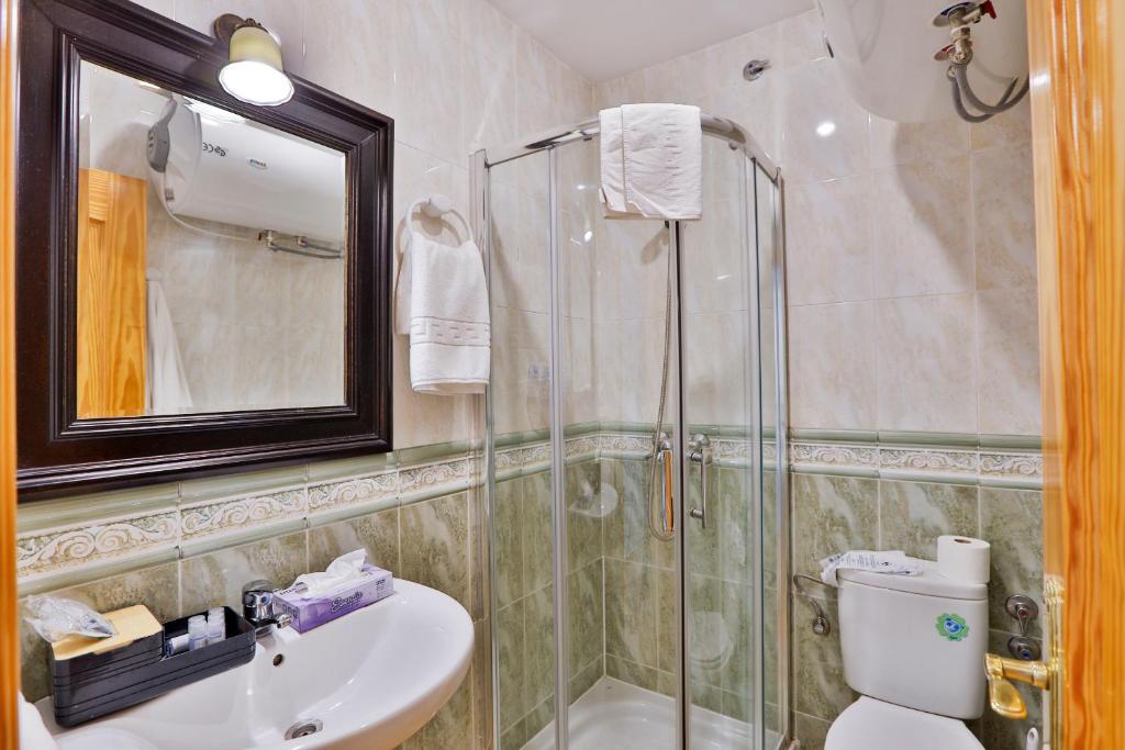 łazienka z prysznicem, toaletą i umywalką w obiekcie Apartamentos Castillo Cazorla w mieście Cazorla