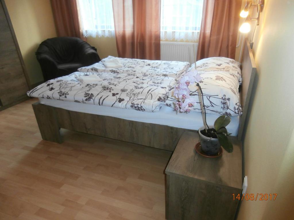 a bedroom with a bed and a chair and a table at Apartman Aya in Janov nad Nisou