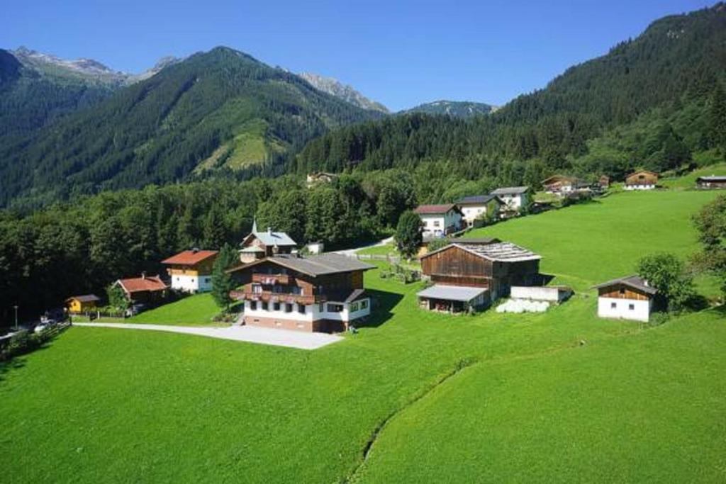 a group of houses in a green field with mountains at Unterbergbauer in Krimml