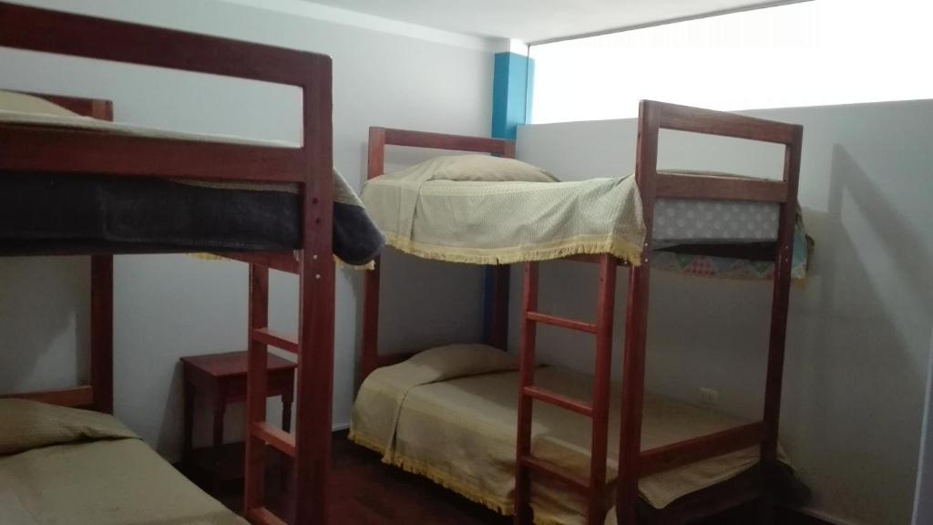2 Etagenbetten in einem Zimmer mit Fenster in der Unterkunft Hostel Puno Backpackers in Puno