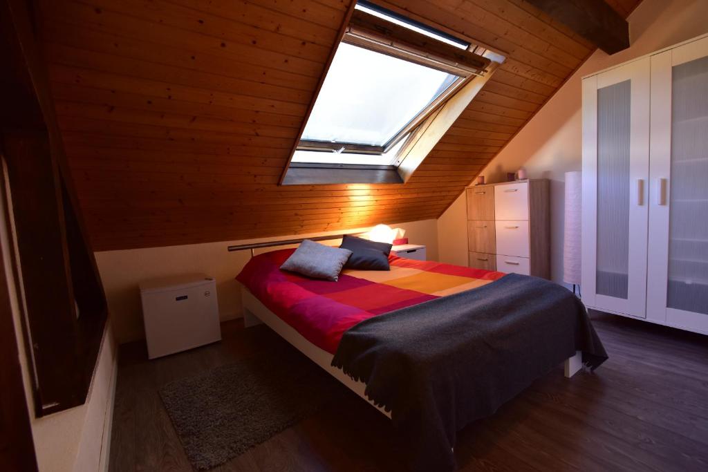 Schlafzimmer mit einem großen Bett und einem Dachfenster in der Unterkunft Morges House in Morges