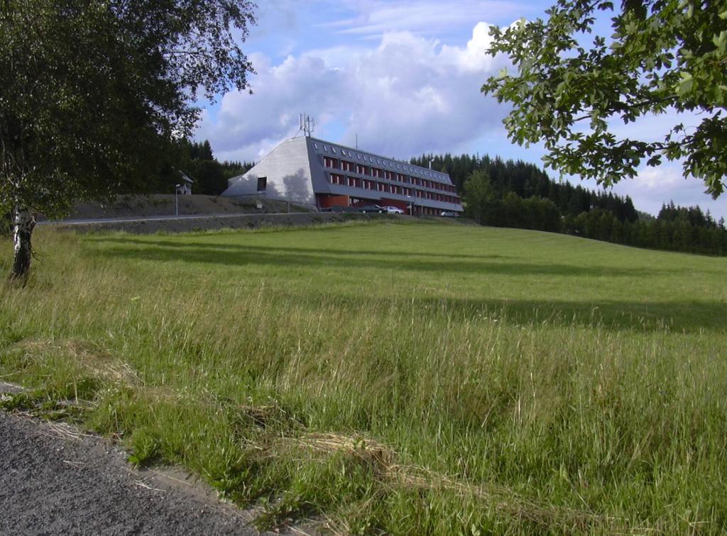 ein Gebäude auf einem Hügel mit einem Grasfeld in der Unterkunft Apartman Ašek in Ramzová