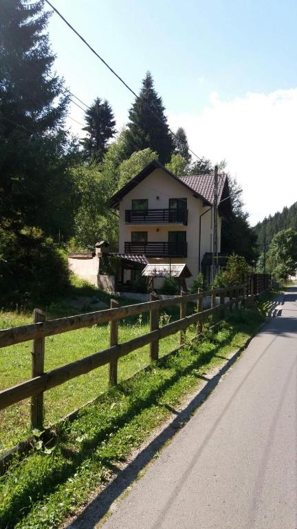 a house on the side of a road with a fence at Casa Fulg de Nea in Moieciu de Sus