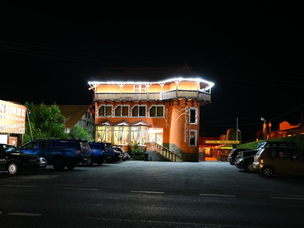 um edifício com luzes em cima à noite em Vila Belvedere em Hateg