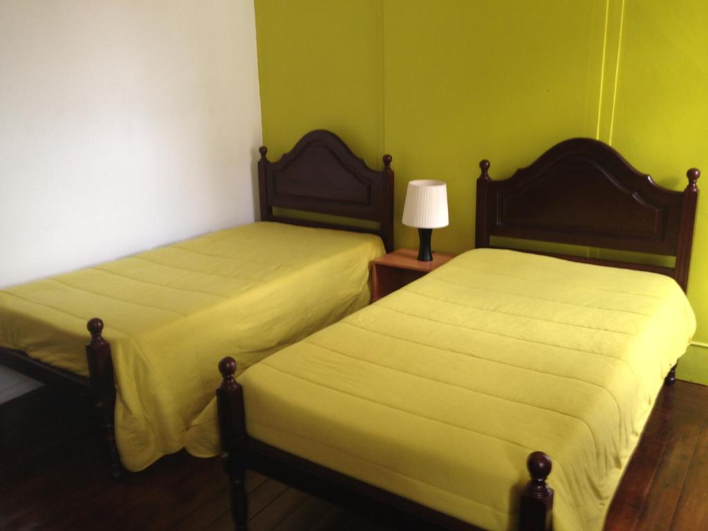 two beds in a room with green walls at Covilhã Hostel in Covilhã