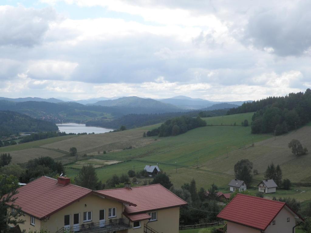 widok na dolinę z domami i jeziorem w obiekcie Pod Kabajka w Polańczyku