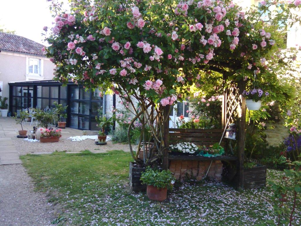 a garden with a tree with pink roses at la Rosaliere in Chabournay
