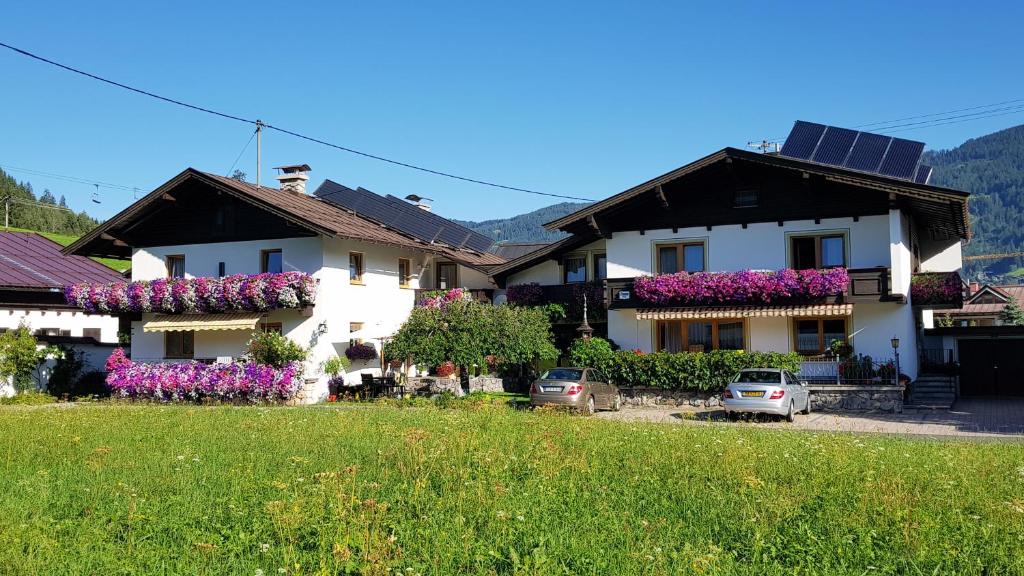 a white house with purple flowers in a yard at Haus Sonnheim in Kirchberg in Tirol