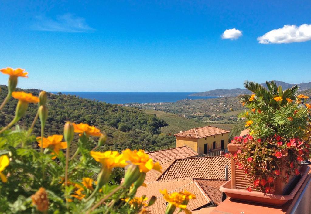 a view of the ocean from a balcony with flowers at Villa Albarosa in Terradura