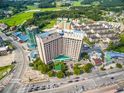 尤九的住宿－南韓河伊爾松公寓，城市中一座大建筑的空中景观