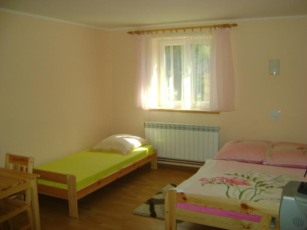 a bedroom with two beds and a window at Pokoje nad strumykiem w Polanczyku tel 13- 469 -2257 in Polańczyk