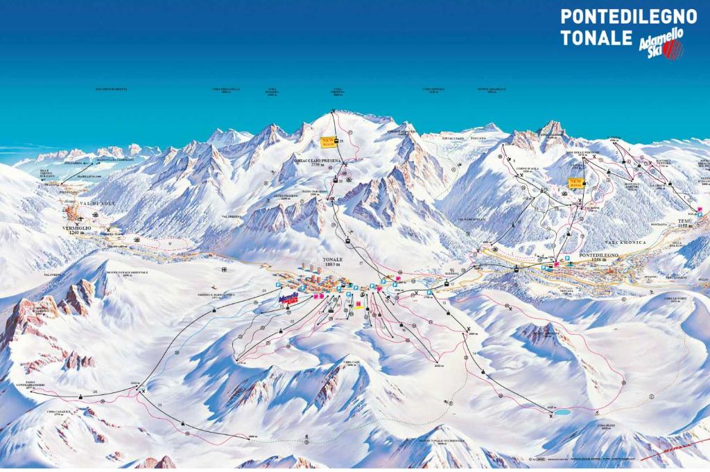 una mappa di una località sciistica su una montagna innevata di Appartamento in residence: sulle piste da sci a Passo del Tonale