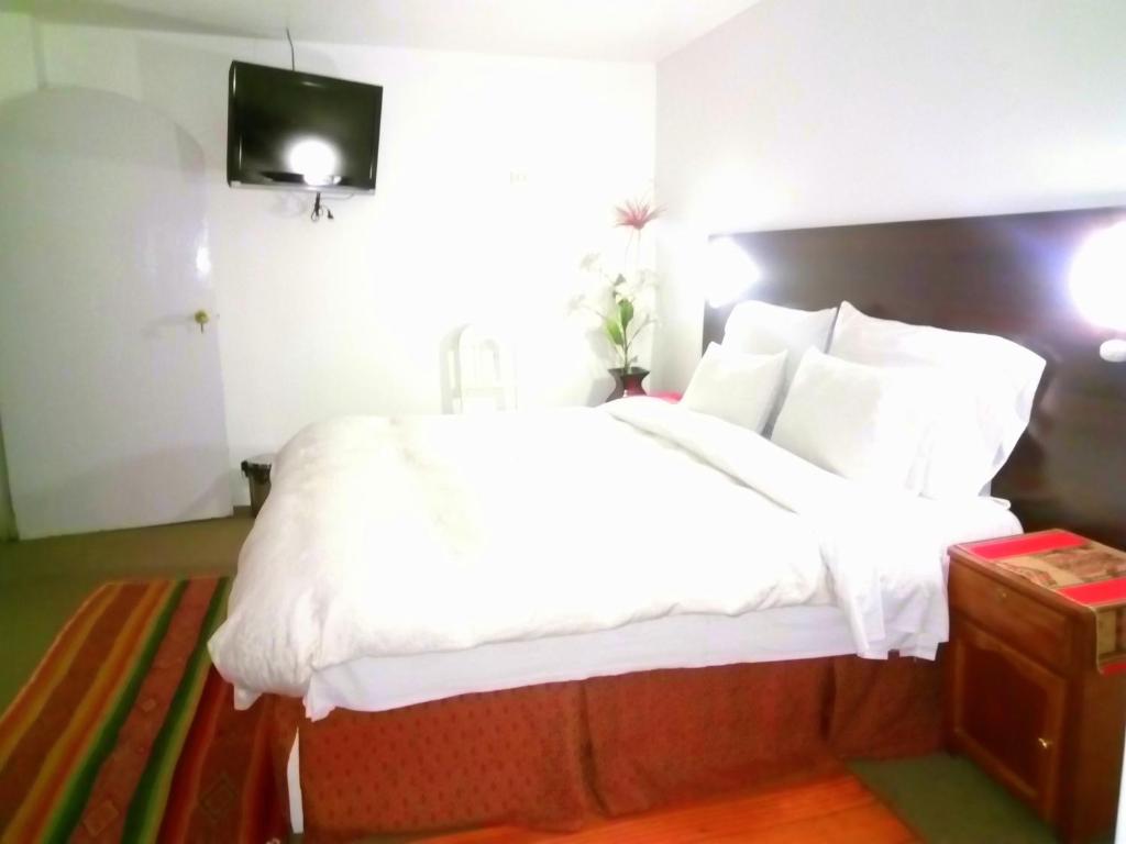 アレキパにあるLa Casa de Ana - Peruのベッドルーム(白いシーツとテレビ付)