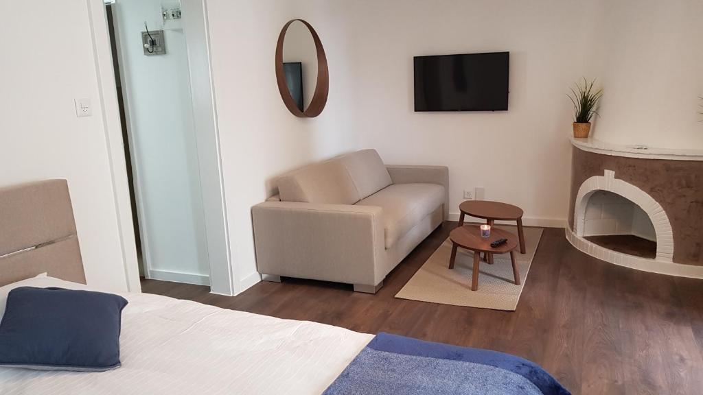- une chambre avec un canapé, une chaise et une télévision dans l'établissement Boel 4 Studio, à Genève