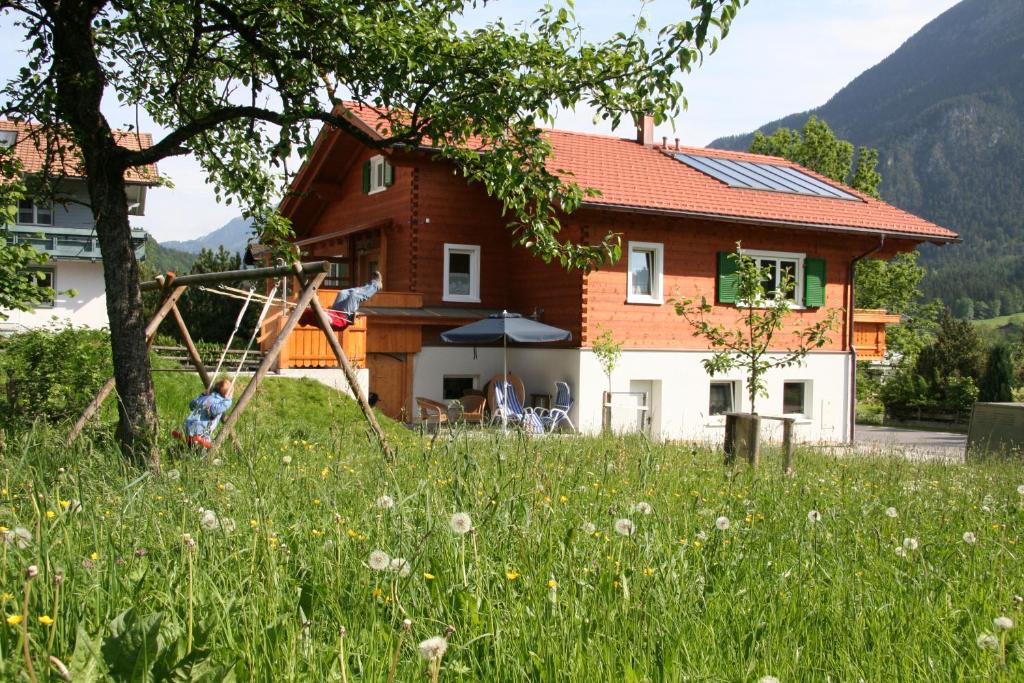 une maison avec un arbre et une balançoire dans un champ dans l'établissement Chalet Montafon, à Vandans