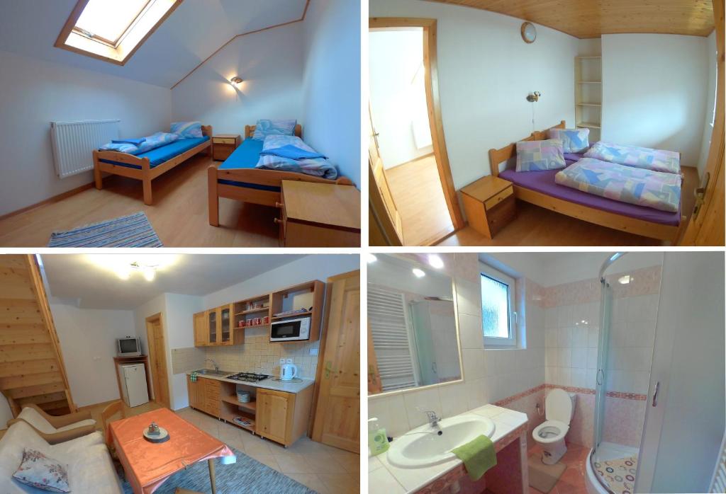 three pictures of a room with two beds and a bathroom at Apartment Majerčák in Zuberec