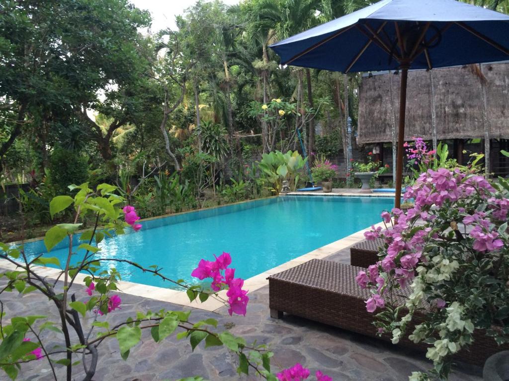 a swimming pool with an umbrella and purple flowers at Studio Lumbung in Lovina
