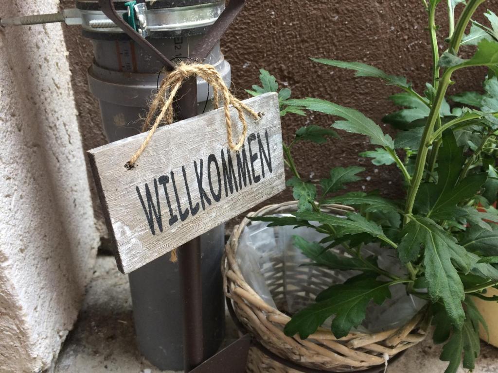 un panneau sur un poteau avec plante en pot dans l'établissement Ferienwohnung Waldsee, à Waldsee