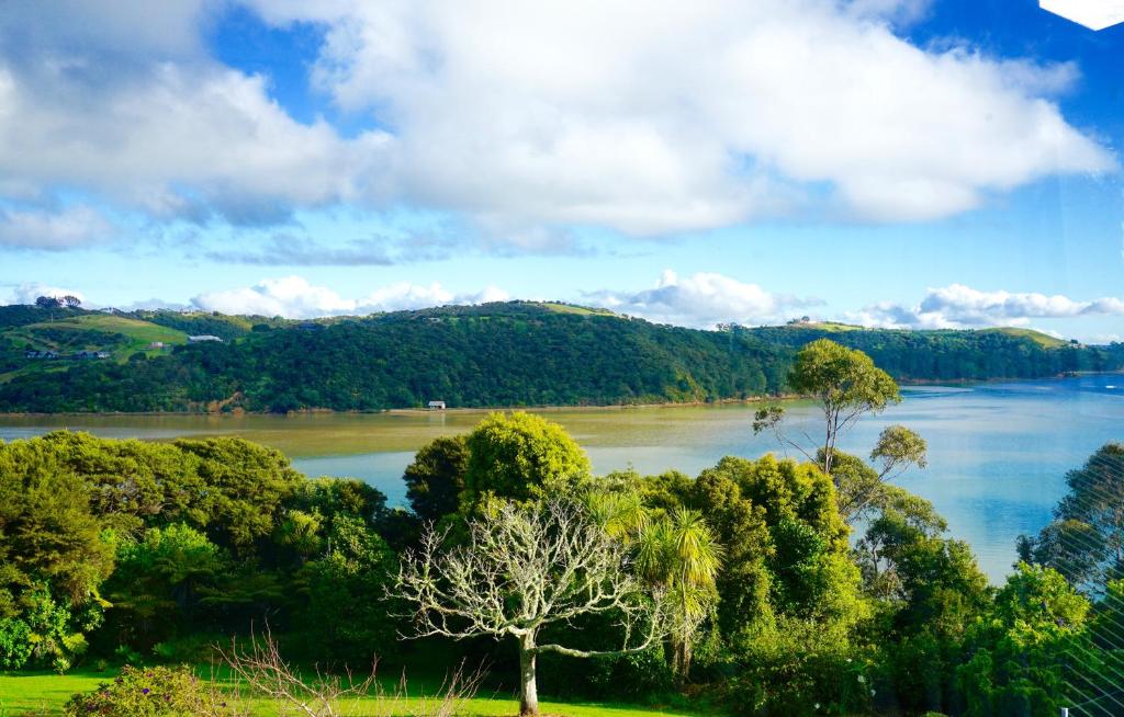 OstendにあるLe Chalet Waiheke Apartmentsの木々と空の川の眺め