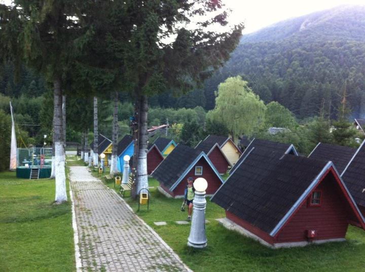 una fila de casas pequeñas en un parque con árboles en Complex Cabana Ciucas, en Cheia