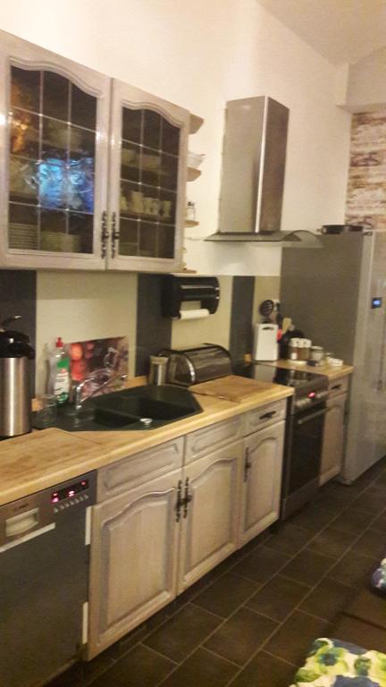 eine Küche mit einer Spüle und einer Arbeitsplatte in der Unterkunft Haus am Sachsenring in Hohenstein-Ernstthal