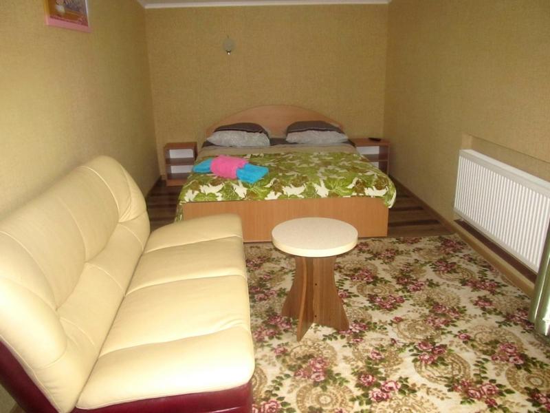 a bedroom with a bed and a couch and a table at Apartment on Hoholya 90 in Kropyvnytskyi