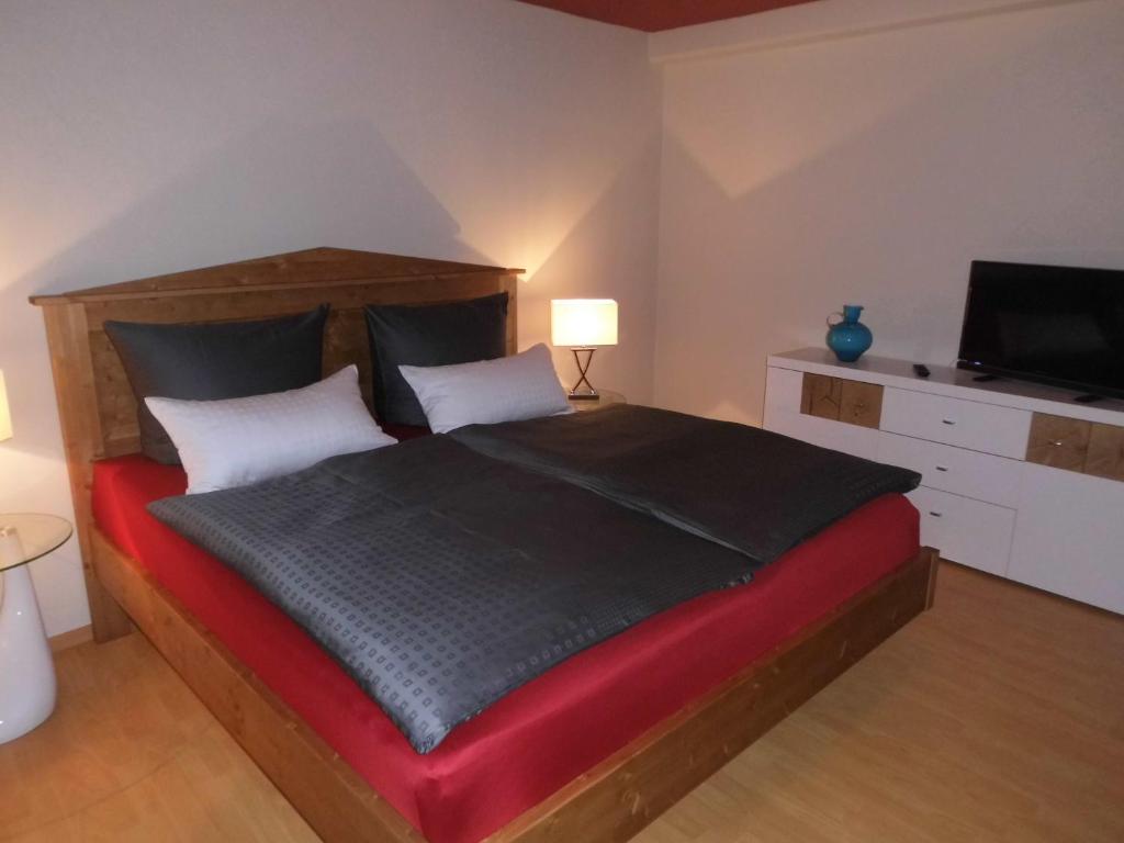 ein Schlafzimmer mit einem großen Bett und einem TV in der Unterkunft Ferienwohnung Himmel und Hölle in Freiberg