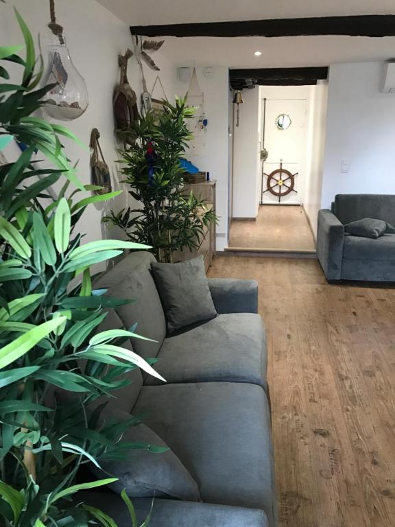 a living room with a couch and some plants at le petit bateau in Menton