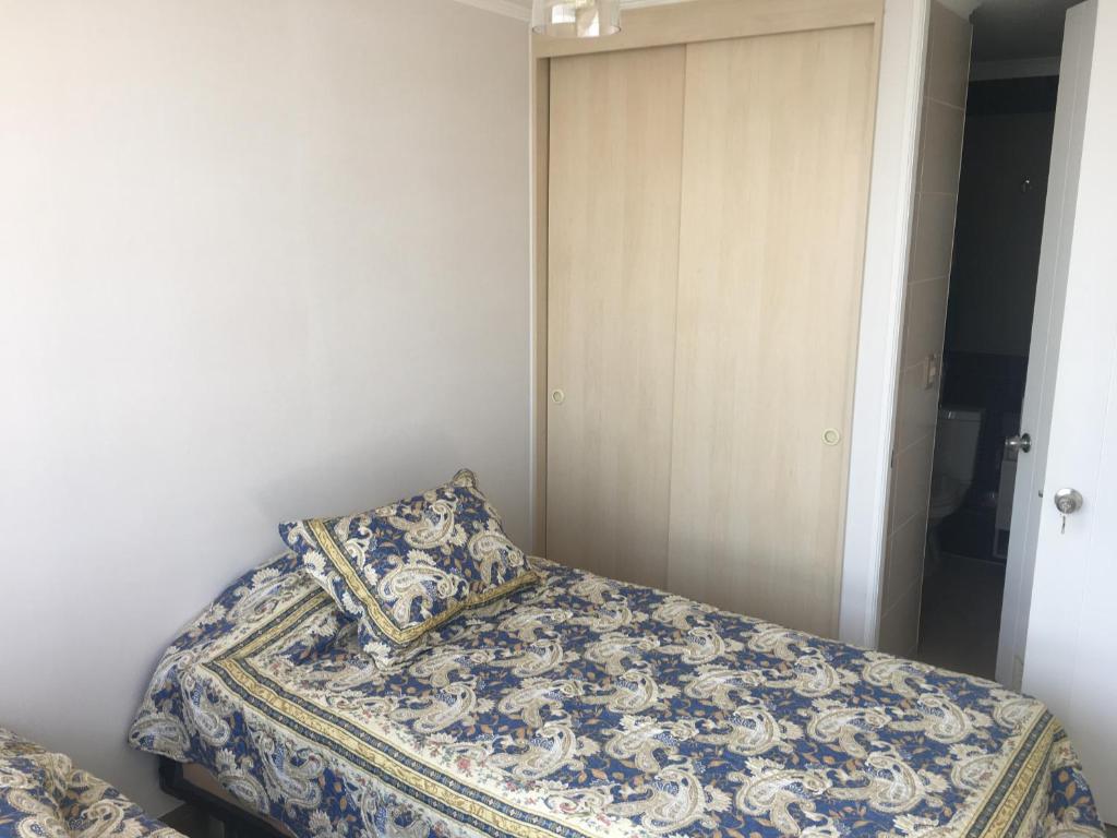a bedroom with a bed with a pillow and a closet at Departamento Santiago 1148 in Santiago
