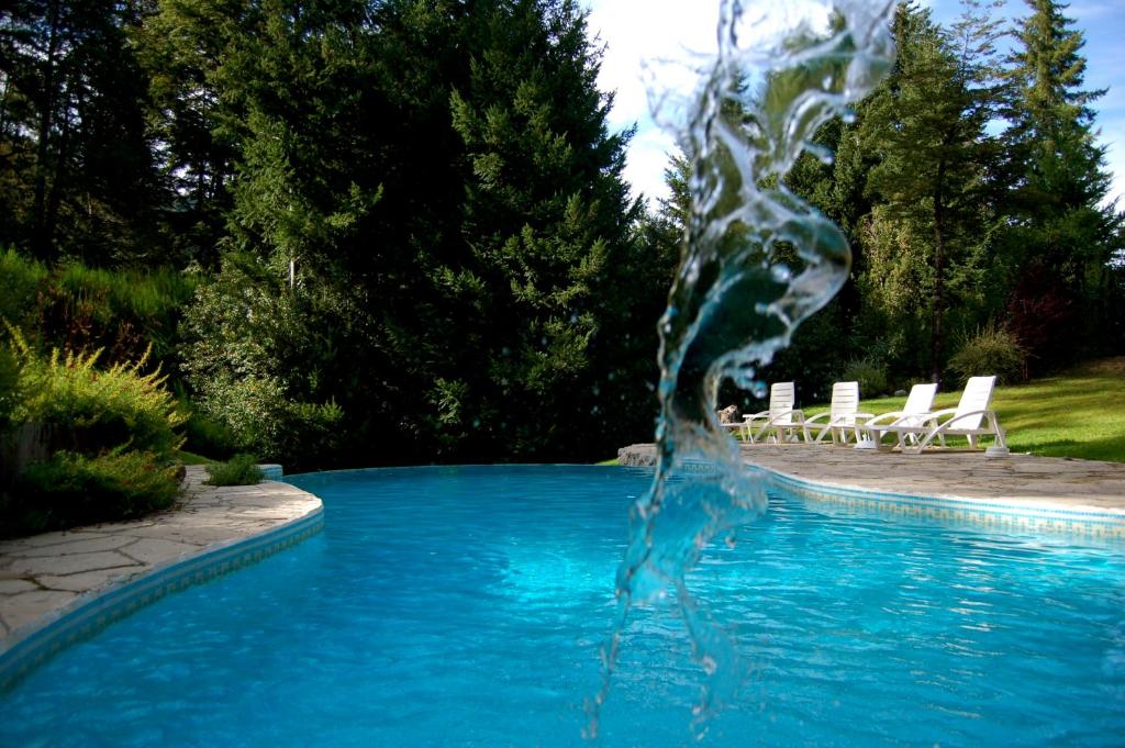 una fuente en medio de una piscina en Aldea Bonita en Villa La Angostura