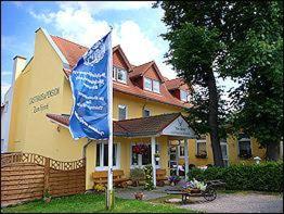 ein gelbes Haus mit blauer Flagge davor in der Unterkunft Gasthaus & Pension Zum Hirsch in Gehlberg