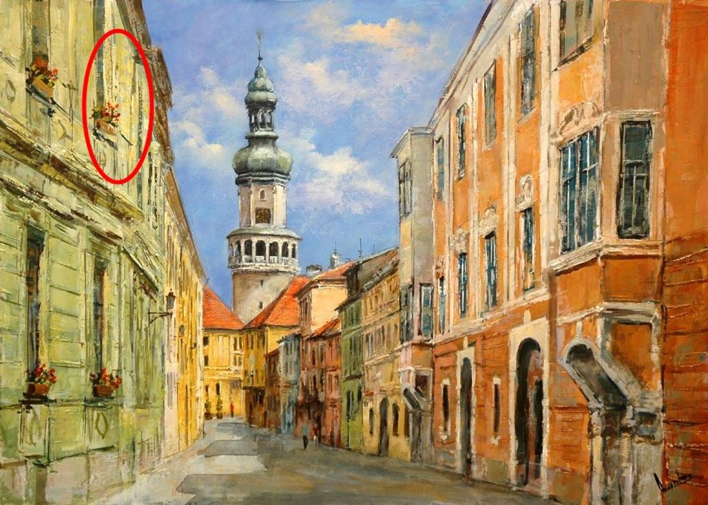 a painting of a street with a clock tower at Belvárosi Erdész-lak Sopron in Sopron