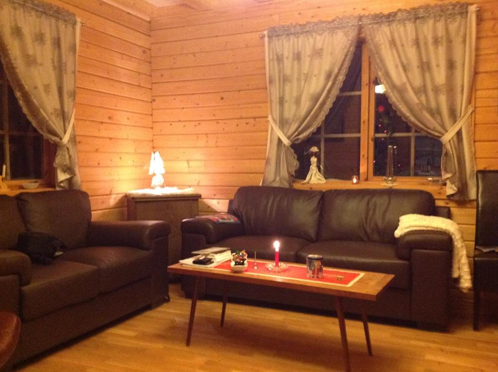 a living room with a couch and a coffee table at Fjalladýrð Guesthouse in Modrudalur