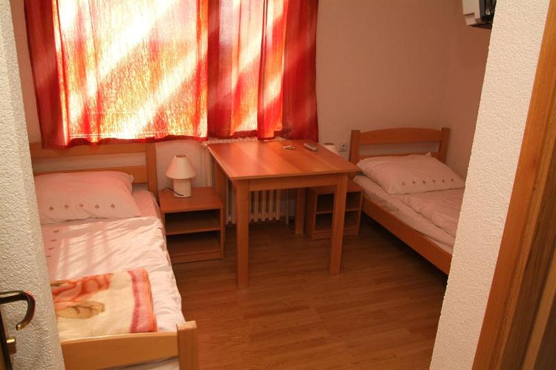 een kleine kamer met 2 bedden en een bureau bij Prenociste Denis in Velika